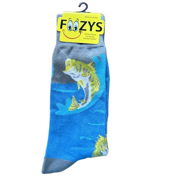 Foozys Blue Grey Crew Length Fish Fishing Pattern Novelty Socks Men's One Size - Picture 1 of 4